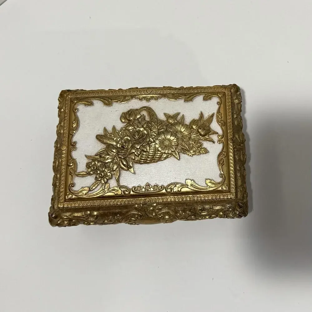Vintage Brass Floral Inlay Trinket Jewelry Box With Red Velvet Lining Baroque